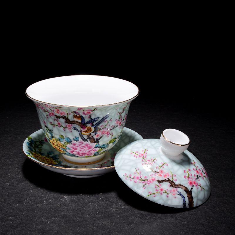 Enamel colored ceramic tea cup with floral patterns and gold inlay, 150ml three piece lid bowl, household tea cup, Kung Fu tea set 3