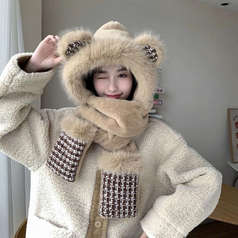 Mũ Gấu Lông  Kèm Găng Tay Khăn Quàng Cổ Siêu Ấm 3