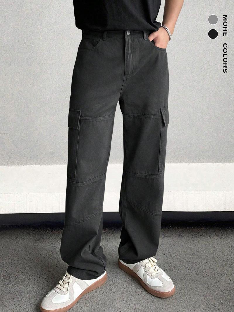 Product Introduction of Men's Solid Flap Pocket Cargo Pants, Regular Fit Casual Street Fashion Comfy Trousers for Daily Wear, Men's Bottoms for All Seasons 5