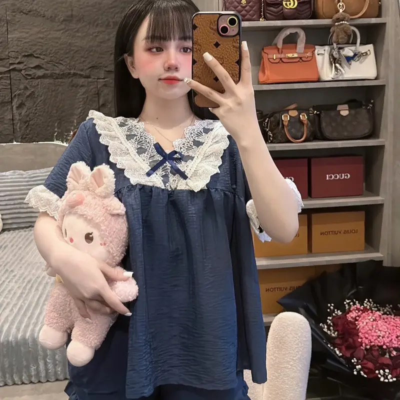 40-58kg Áo dáng babydoll Bộ đũi mềm mịn mát cổ V phối ren xinh 2