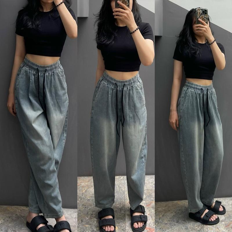 [M501] Quần baggy jeans trơn lưng chun form thụng rộng chín tấc  chất mềm mịn Women 2