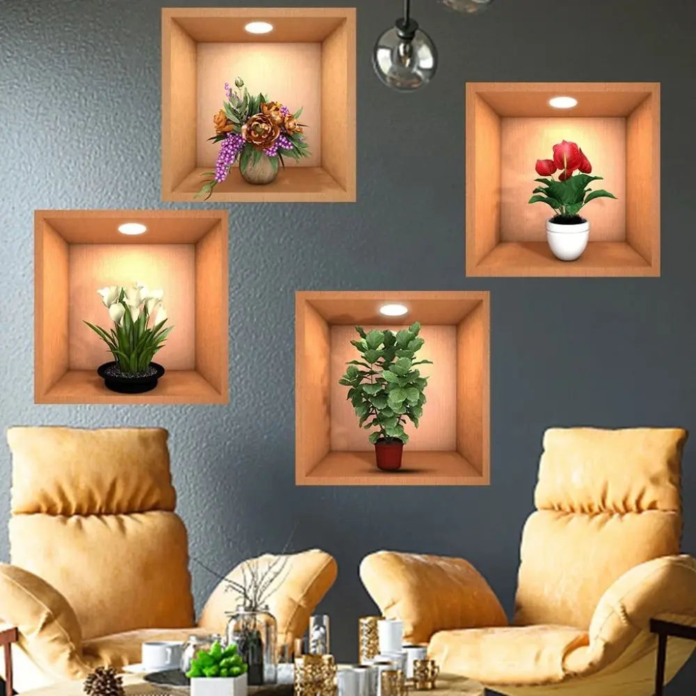 4pcs Home Decorations PVC Plant Potted Wall Stickers Creative Waterproof Simulate 3D Wallpapers Self Adhesive Green Plant Plants Flower Decals Living Room