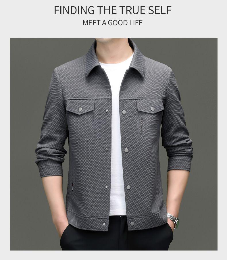 Product Introduction of Spring 2024 Men's Knitted Elastic-Force Jacket Lapel Overalls Korean Style Slim-Fitting Jacket Fashion All-Matching Closed 22