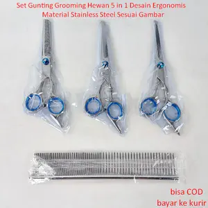 Set Gunting Grooming Hewan 5 in 1 Desain Ergonomis Material Stainless Steel Sesuai Gambar