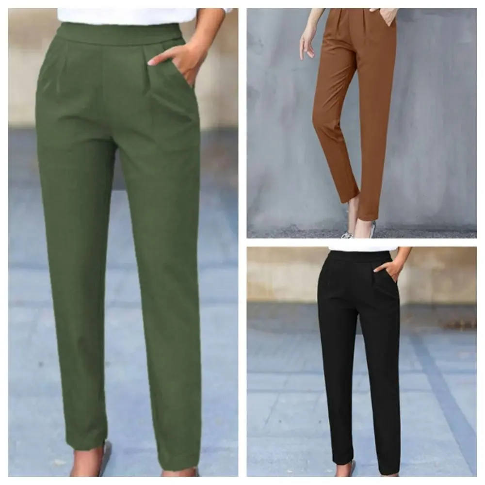 Fashion Pleated Haren Pants Women with Pockets Slim Fit Pants Straight Simple Business Harlan Pants Girl