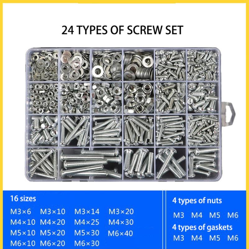 Bộ vít đa năng, vít cố định, vòng đệm M3 M4 M5 M6 có hộp nhựa chia thành nhiều ngăn, Bộ 900g Bu Lông Đai Ốc