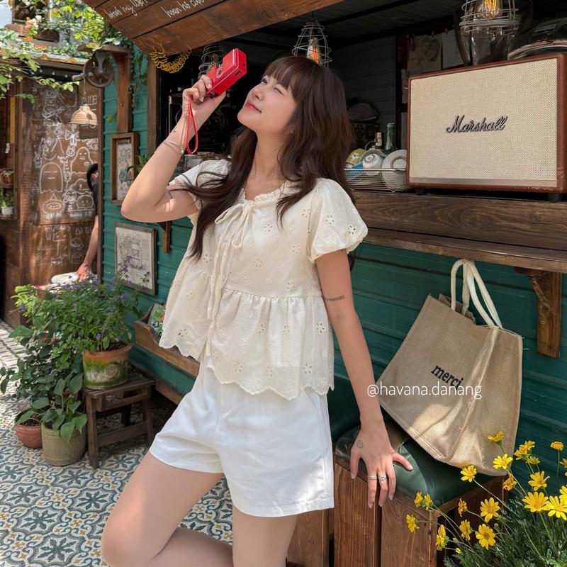 HAVANA CÓ BIGSIZE - Áo babydoll AIMEE thô boil phối cổ bèo tay bồng #499 HAVANA AO417