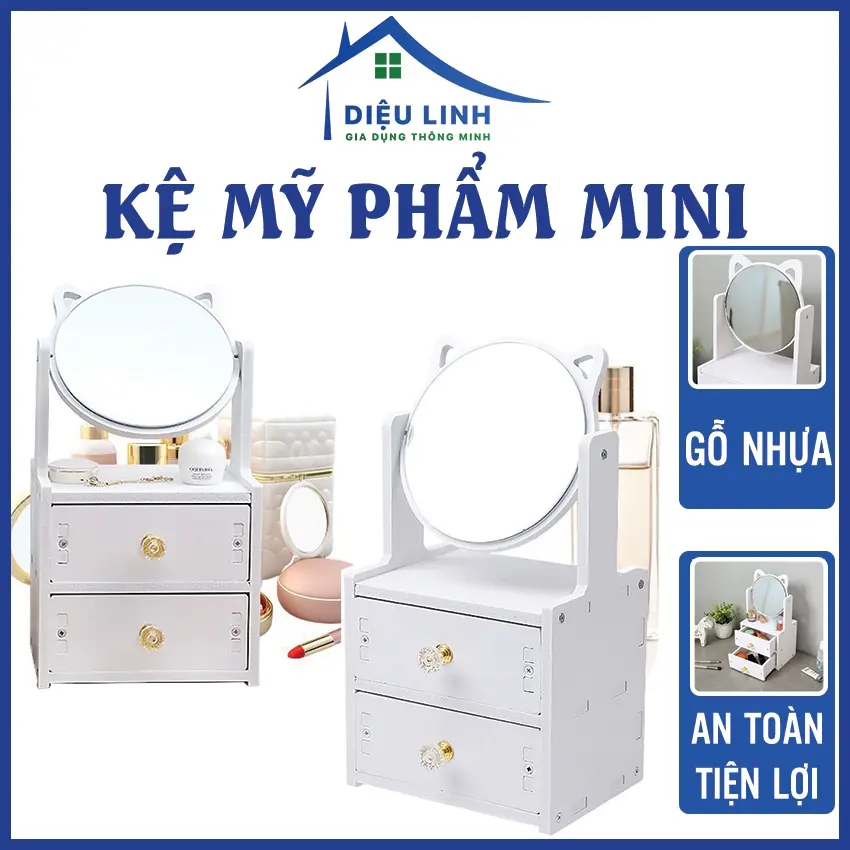 Kệ Đựng Mỹ Phâm Để Bàn Có Gương KMP-MINI Tủ Đựng Mỹ Phẩm Mini Để Bàn Thiết Kế Lắp Ráp Tiện Lợi Dieulinhshop