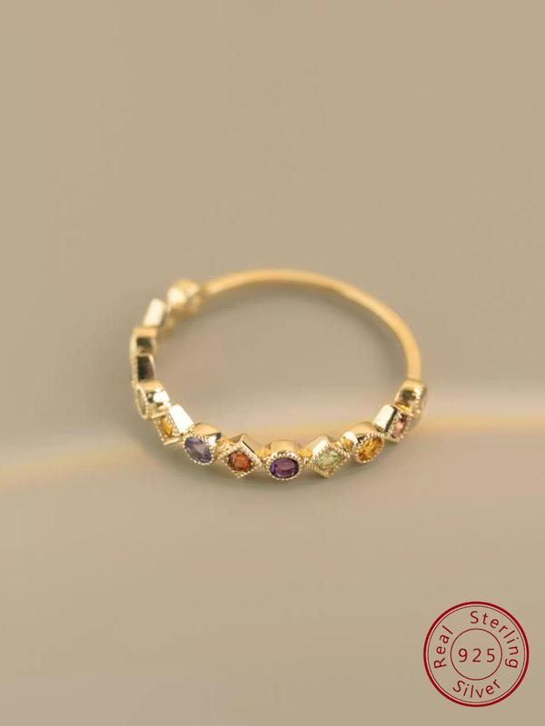 925 Sterling Silver Colorful Artificial Zircon Decorated Ring, Fashion Jewelry Accessories for Women & Girls, Trendy All-match & Exquisite Jewelry for Birthday Gift 6