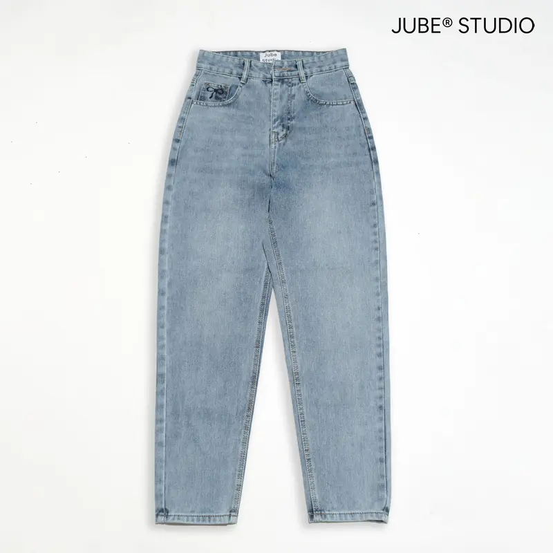 (VẢI QC-CAO CẤP) Quần Baggy Jean Nữ Kiểu Dáng Trơn Thêu Nơ Lưng Cao Vải Không Co Giãn Chất Mềm 6