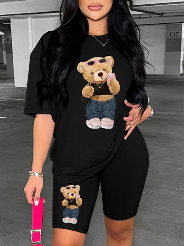 Cartoon Bear Graphic Print Short Sleeve T-shirt & Elastic Waist Shorts Set, Y2k Outfits Streetwear Casual Round Neck Tee & Skinny Shorts for Summer, Summer Outfits 2024, 2 Piece Sets, Co Ords for Women, Two Piece Set Women, Outfits To Hide Tummy Uk 4