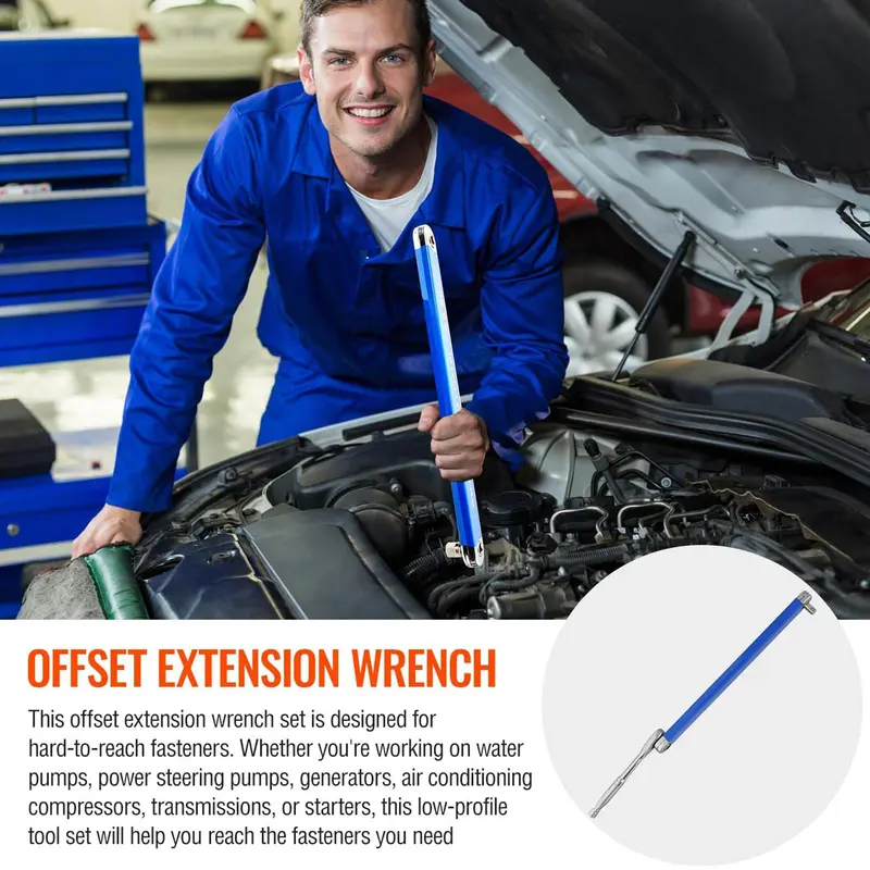 3/8" Offset Extension Wrench Set, Including 1/2" & 1/4" & 3/8" Square Drive Adapters, 15" Impact Ready Socket Wrench Tool, Gift 8