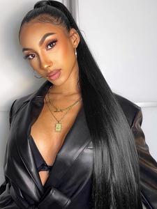 26/34 Inch Black Brown Long Straight Ponytail Extension, Heat Resistant Synthetic Ponytail Extension for Women, Synthetic Hairpiece for Daily Use