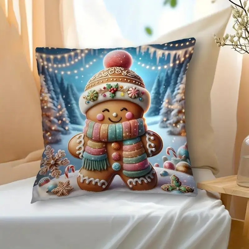 Cartoon Gingerbread Man Pattern Cushion Cover, 1 Count Square Throw Pillow Cover, Household Decoration Supplies for Home Living Room Sofa Bed 3