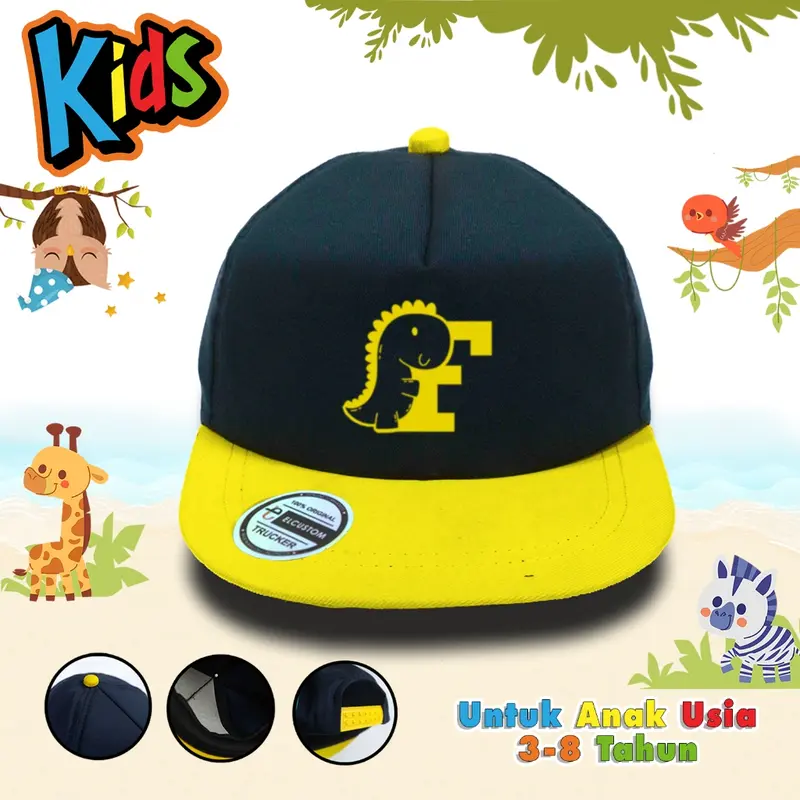 Topi Anak Inisial Abjad Dino Kuning Navy A-Z Laki laki Perempuan Usia 3 - 8 Tahun | kuning Navy | Dino Alfabet | Dino | Topi Custom Nama Anak | Topi Snapback Anak | Topi Baseball Anak | Elcustom Kids 3