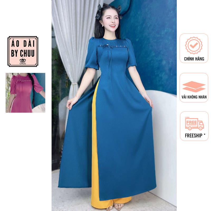 Áo dài truyền thống kiểu cổ tròn nơ ngang không kèm quần CHUU AD1432