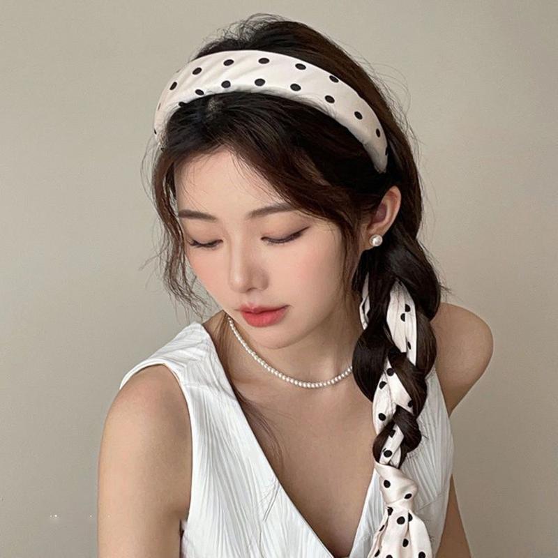 Product Introduction of Fashion 2024 New Women's Polka Dot Bow Ribbon Headband Face Washing Hair Pressing Headband High Skull Hair Tied Ribbon Headdress 28