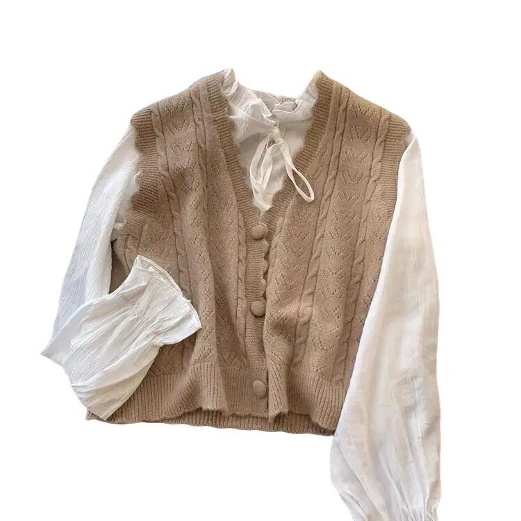   A040  Áo len gile viền sóng cổ V cúc bọc  Ko kèm áo trong  chất liệu dệt kim Kem Nữ Women Top 