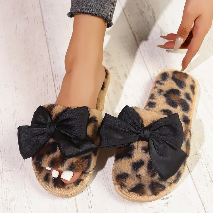 Fluffy Leopard Bowknot Slippers Women's Autumn and Winter Flat Home Floor Slippers Open Toe Cotton Slippers Women's Flat-Heeled Slippers Rubber Suede
