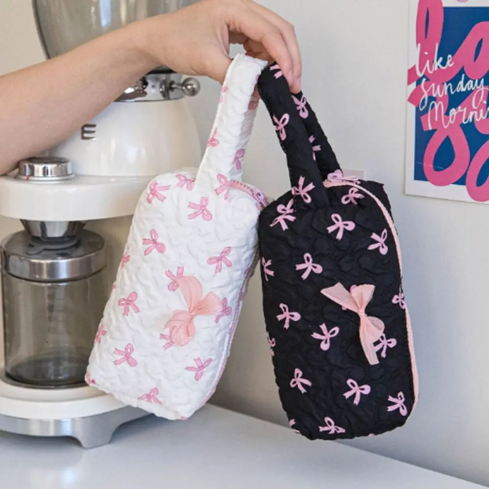 New Polyester Bowknot Cosmetic Bag with Handle Large Capacity Pencil Storage Bag Easy to Clean Washable Stationery Organizer School Supplies