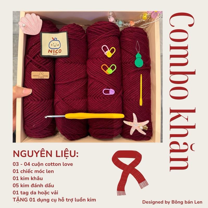 [Bông bán Len] Combo Khăn Len Cotton Love Set Đan Khăn Len Ống Handmade Phong Cách Hàn Quốc Gói Nguyên Liệu Đan Khăn Crochet DIY Sợi Nhỏ Kit Tặng Dụng Cụ Hỗ Trợ Luồn Kim