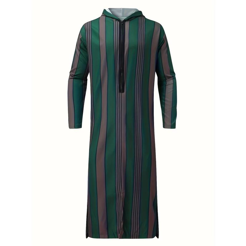 Men's Striped Hooded Long Robe - Casual Polyester Thobe with Zipper Detail, Machine Washable - Perfect for Spring/Fall 4