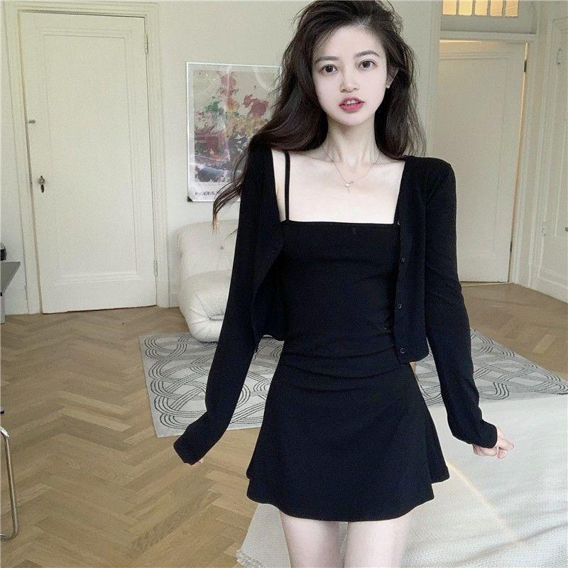 Product Introduction of Korean Style Gentle Wind Petite Slim Fit Long Sleeve Sunscreen Cardigan Strap Dress Two-Piece Set for Women Summer Hot Girl A-Line Dress 4