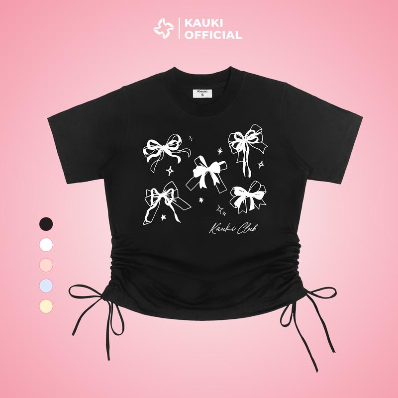 Áo Baby Tee Cotton Kauki Dây Rút Nơ Lấp Lánh Cổ Tròn Tay Ngắn 250gsm Nữ Top Đáng Yêu BBT17 Thun Women