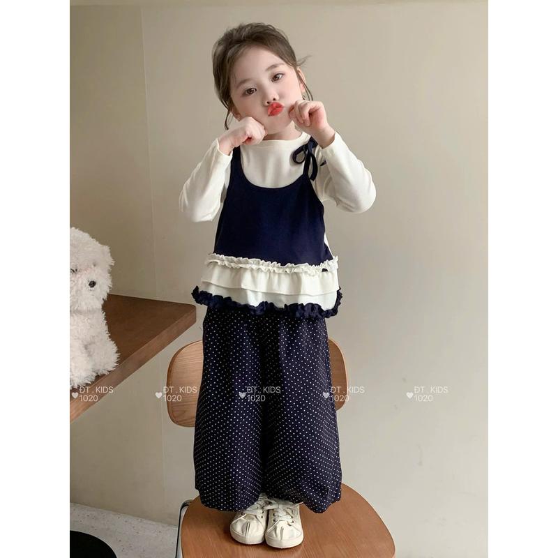  Set Áo Tăm Dài Tay Trắng Phối Xanh Quần Chấm Bi Xanh Xinh Xắn Cho Bé Gái 10-22kg 
