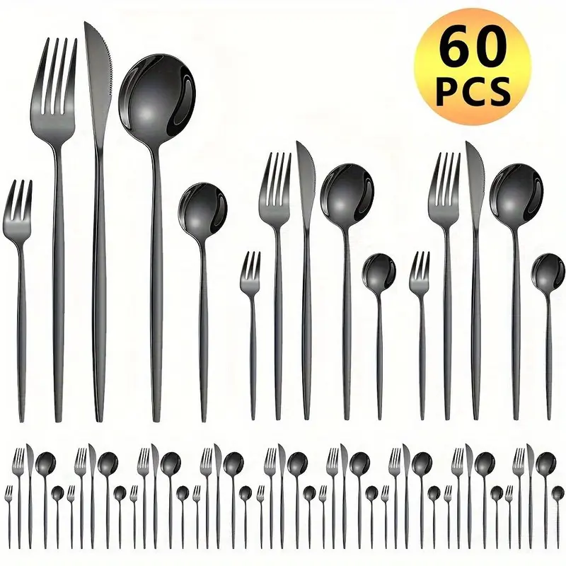 Stainless Steel Cutlery Utensils Set, 60pcs/set Including Knives, Forks & Spoons, Mirror Polished Flatware Set for Parties, Banquets & Restaurants, Kitchen Dinnerware 7