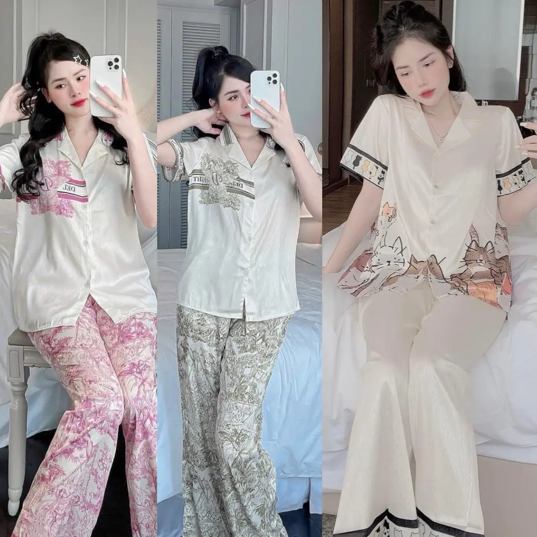 Bộ Hàng Thiết Kế Vải Gấm Xước Hình Mèo kem Freesize 40kg-60kg Set Quần Áo Mặc Nhà Nữ Women Nhung Voi