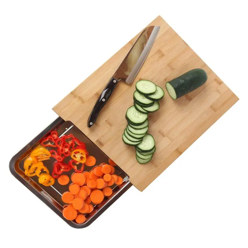 Taylor & Brown Bamboo Organic Wooden Chopping Board Kitchen Cutting Slicing with Sliding Stainless Steel Tray for Food Prep, Meat, Vegetables & Bread, 35cm x 24cm x 4cm 4