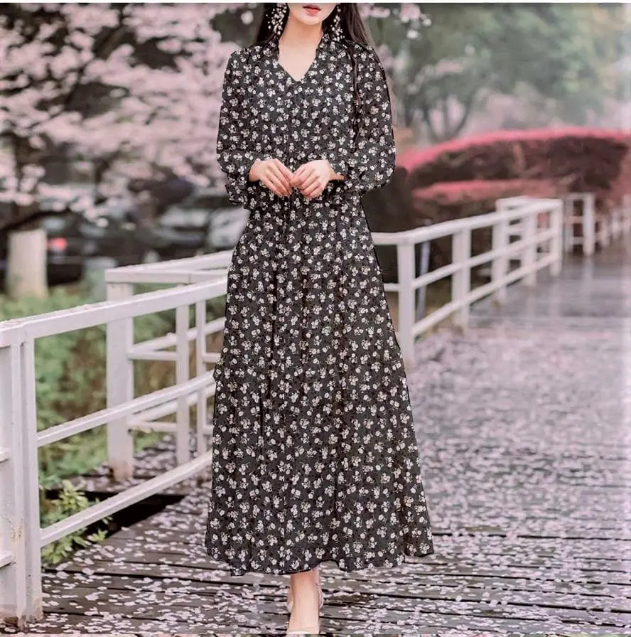 Shalma Gaun Panjang Wanita Motip Bunga Gaun Gaya Korea