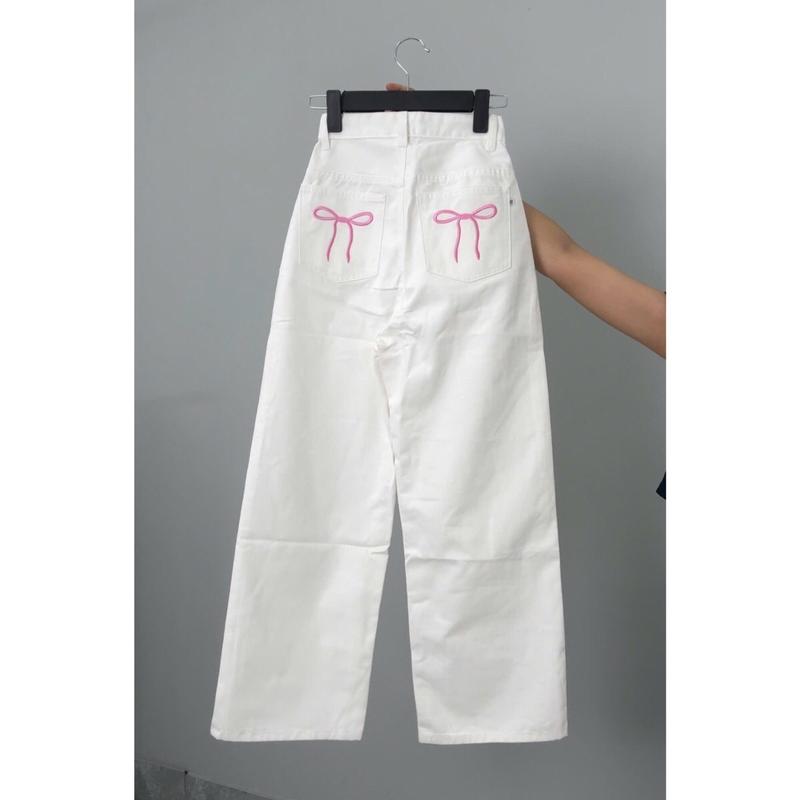 SUÔNG NẤM LÙN QUẦN KAKI NỮ TRẮNG THÊU NƠ HỒNG 9 tấc - 90cm nhận từ m43 - m63 Ong Pants