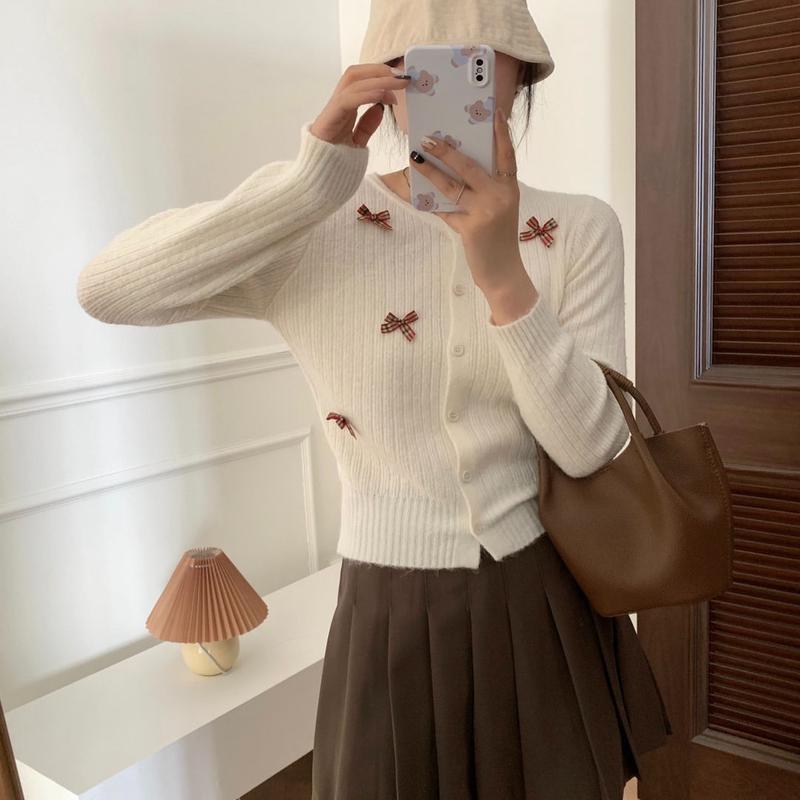 Product Introduction of Áo Cardigan Dệt Kim, Phong Cách Preppy, Thắt Nơ Ngọt Ngào Áo ngắn Nhỏ Áo Khoác Len Cổ Thuyền Mùa Thu Của Phụ Nữ, Váy Băng Quấn 2