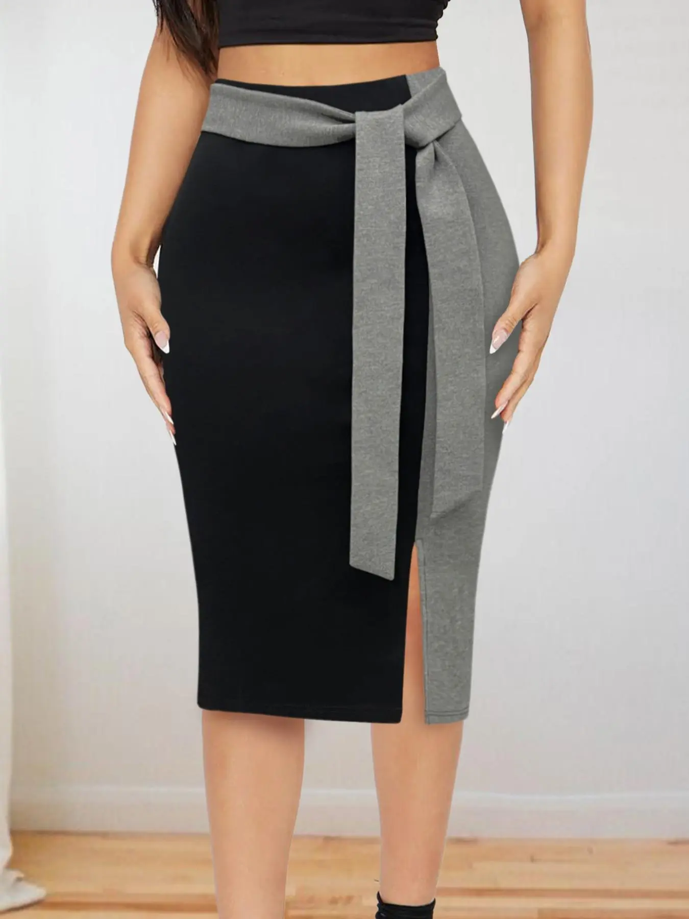 Women's Patchwork Print Tie Front Bodycon Skirt, Elegant Split Thigh Midi Skirt, Ladies Bottoms for All Seasons