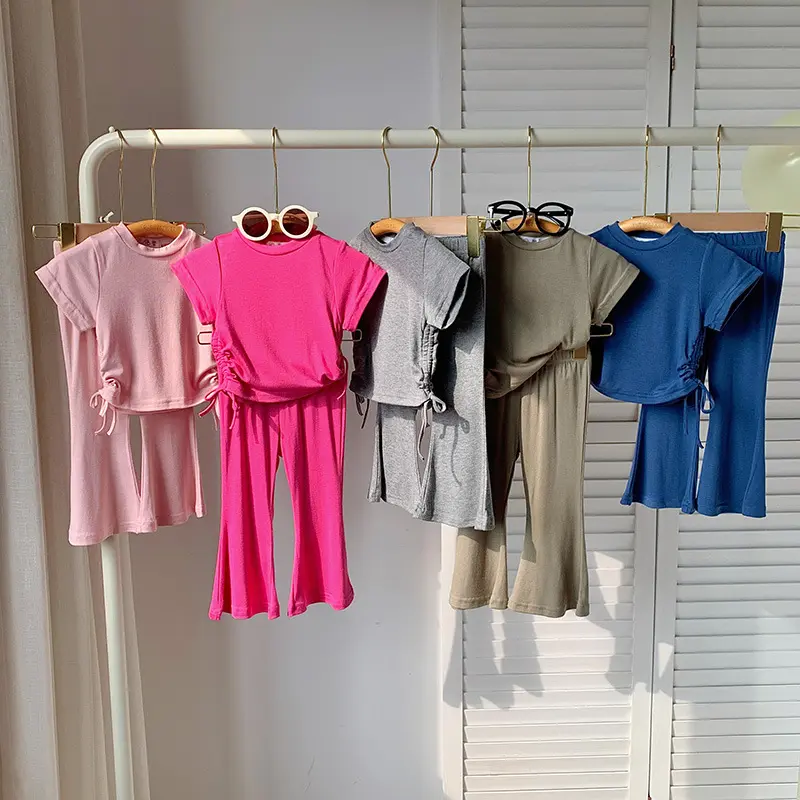 Summer Girls Set 2024 New Children's Drawstring Short sleeved T-shirt Flare Pants for Girls Han Fan Trendy Two piece Set