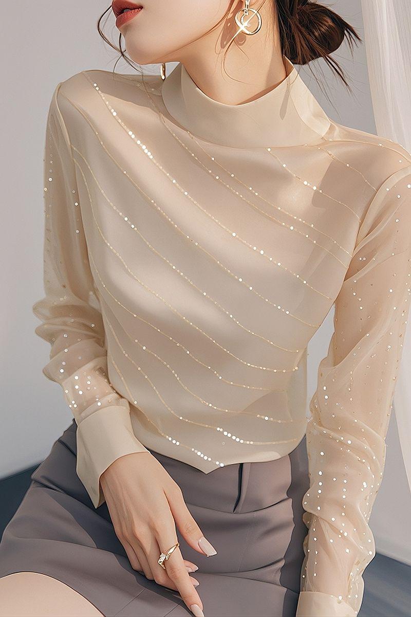 Product Introduction of Beautiful Blouse French Style Temperament Top Light Beige Sequined Long Sleeve Women's Shirts Womenswear Lingerie Comfort Basic Minimalist 6