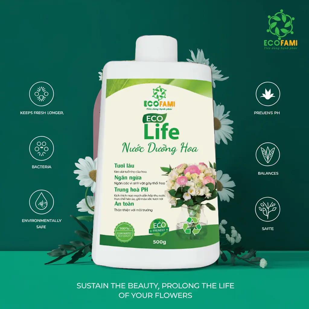 Nước Dưỡng Hoa Ecofami Life 500gr - Tươi Lâu, Ngăn Ngừa Vi Khuẩn, Trung Hòa pH và An Toàn với Môi Trường