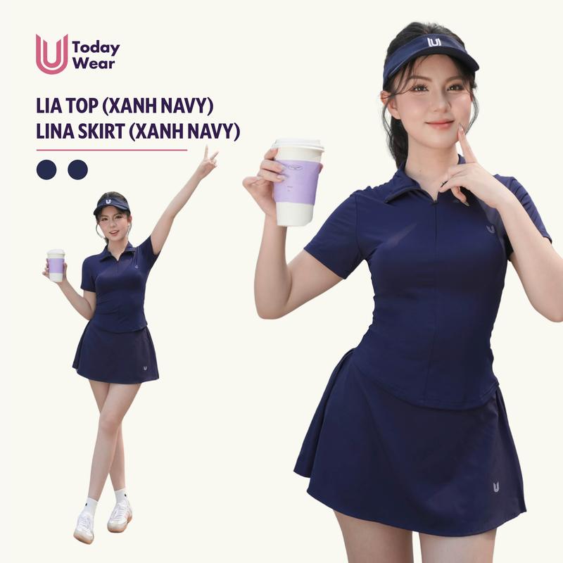 Set đồ tập gym yoga thể thao áo Lia Top xanh navy mix chân váy Lina Skirt xanh navy Today U Wear