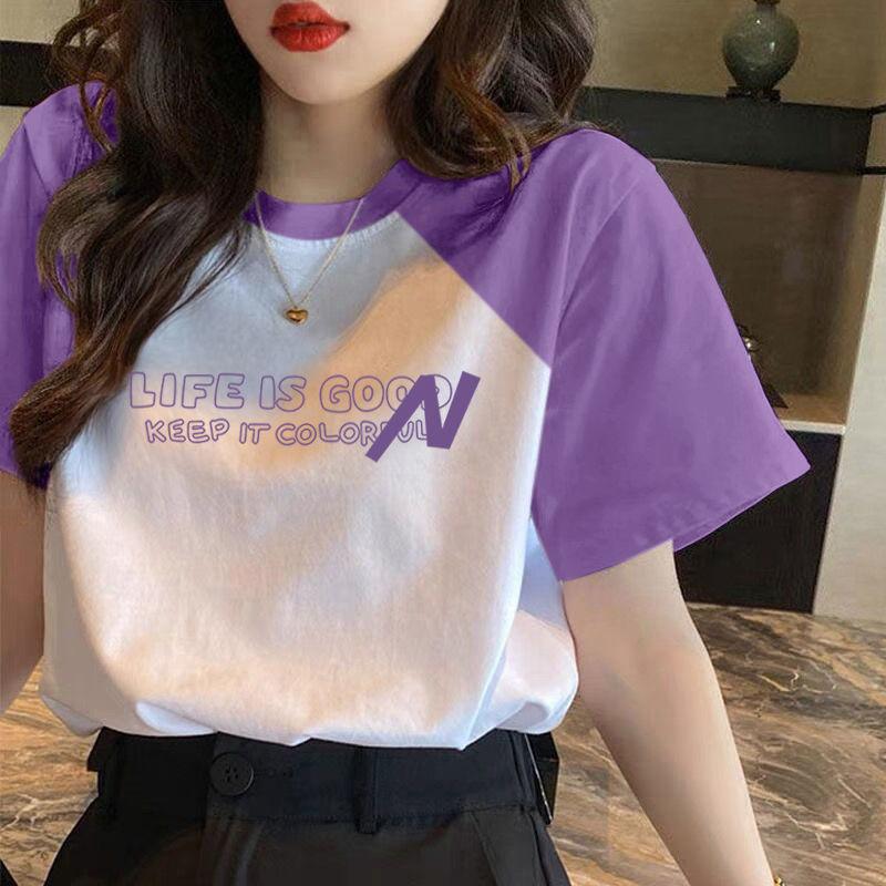 Product Introduction of Summer New Trendy T-shirt Women's Raglan Sleeve Stitching All-Matching Loose Short Sleeve,Womenswear Top Lingerie Lady Comfort Streetwear Crewneck 5
