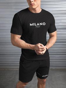 Men's Letter Print  Short Sleeve Tee & Shorts Set, Casual Round Neck T-shirt & Shorts, Summer Clothes Set for Men