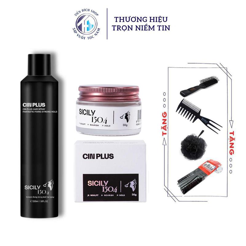 Gôm Keo xịt tóc tạo kiểu SICILY CIN PLUS giữ nếp tạo kiểu nam nữ 300ml  với Sáp vuốt tóc nam CLAY WAX SICILY 1504 30gr chính hãng CINPLUS + Tặng bộ lược belle 10 món, lược chaoba, lược texture, bông tắm than tre