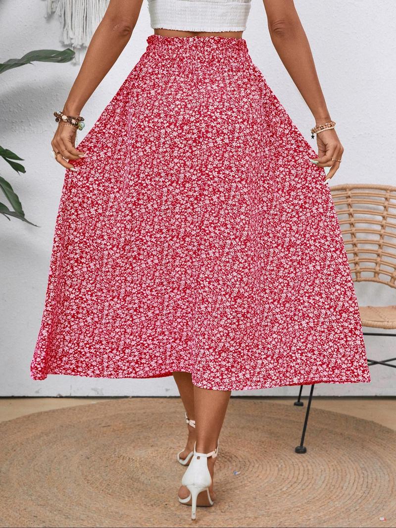 Product Introduction of Women's Plain/Ditsy Floral Print Skirt, Elegant Drawstring Waist Skirt for Holiday Vacation Daily Wear, Ladies Summer Clothes 9