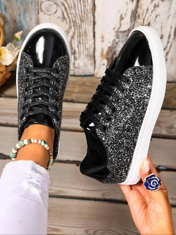 Metallic Sequined Korean Style Shoes, Trendy Casual Footwear for Students, Sparkling PU Leather with Rubber Sole 4