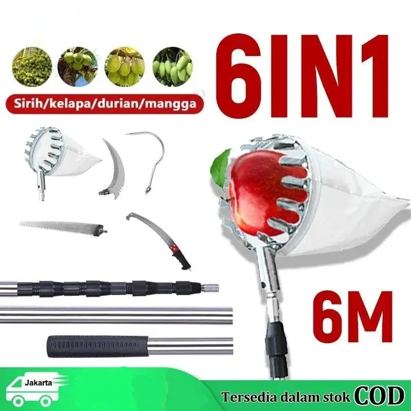 Alat Pemetik Buah 6in1 Teleskopik 6M Stainless Steel & Rubber Alat Berkebun Multifungsi Pemetik Buah Untuk Pohon Kuning Sirih Kelapa Durian Mangga / Aluminium