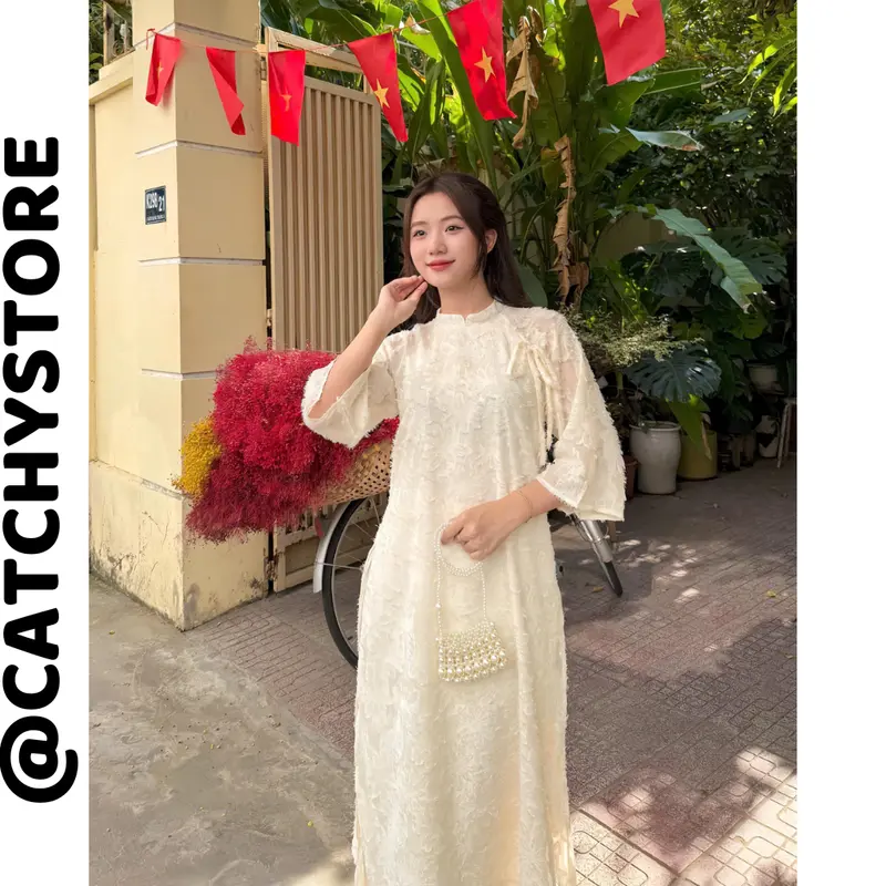 Áo Dài Cách Tân Nữ Lông Vũ Buộc Nơ Cách Điệu Kèm Quần Lụa Trơn Xinh Xắn Nhiều Màu CATCHYstore Áo Dài Mặc Tết Cho Nữ Phối Quần Lụa Women Dress Kem Đỏ Hồng Sen aodai  dang suong 7