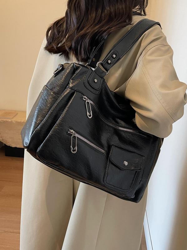 Women's Fashion Elegant Large Capacity Tote Bag, Vintage Trendy Pu Leather Shoulder Bag, Casual Versatile Zipper Tote Bag for Trip & Business, Designer Bags 9