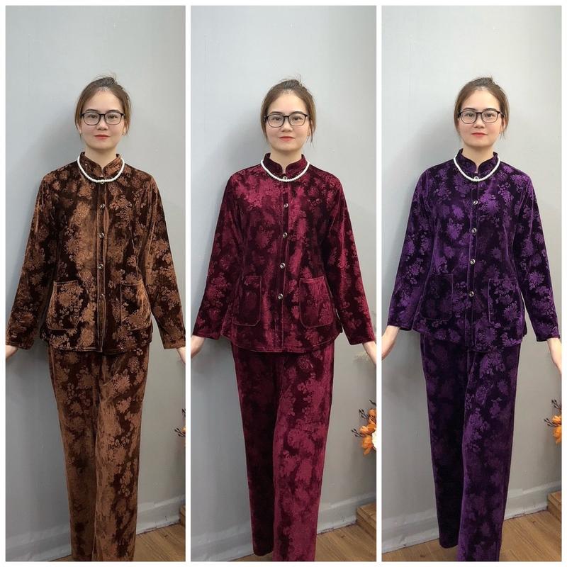 Bộ đồ trung niên chất nhung tuyết mặc thu đông dành cho Bà Và Mẹ cổ đứng mùa đông họa tiết hoa cúc dập nổi CỔ TÀU Nữ Women Voi Áo Tim Kem áo kiểu nữ mặc tết