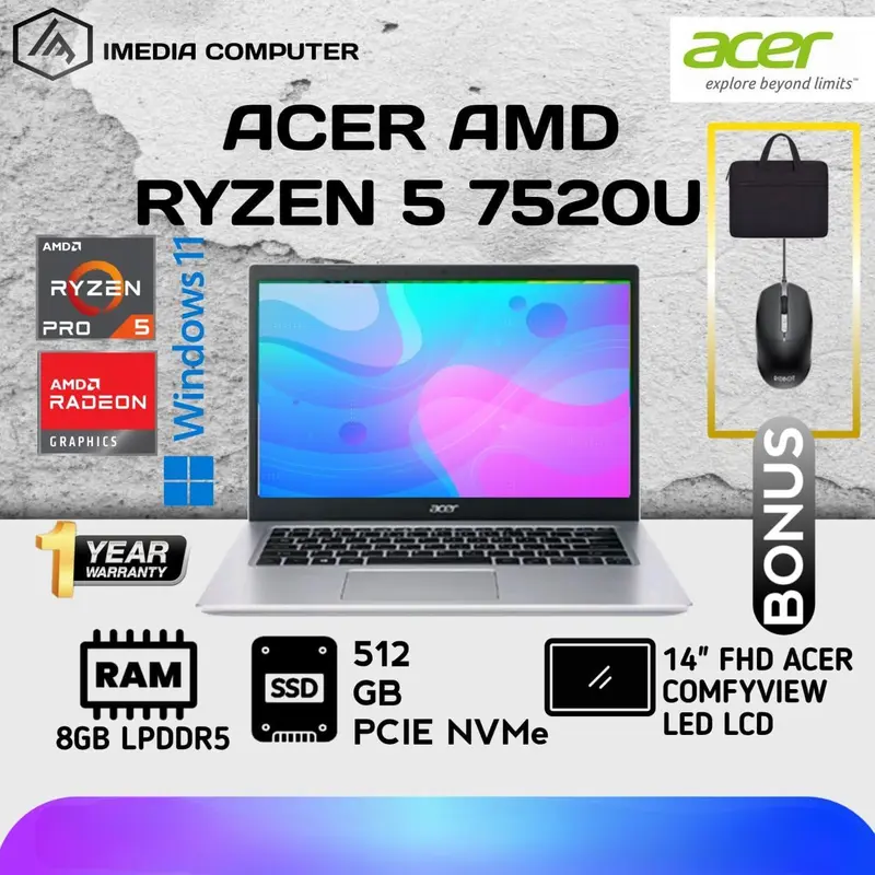 ACER ASPIRE 3 SLIM A314 RYZEN 5 7520U 8GB 512SSD RADEON 610M 14.0 0